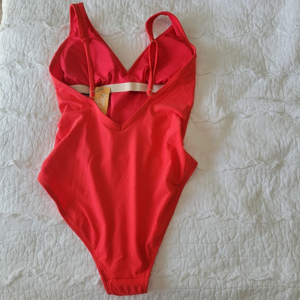 Kona Sol Bright Red One Piece Swimsuit L NWT Deep Plunge High Cut Leg - Picture 2 of 3